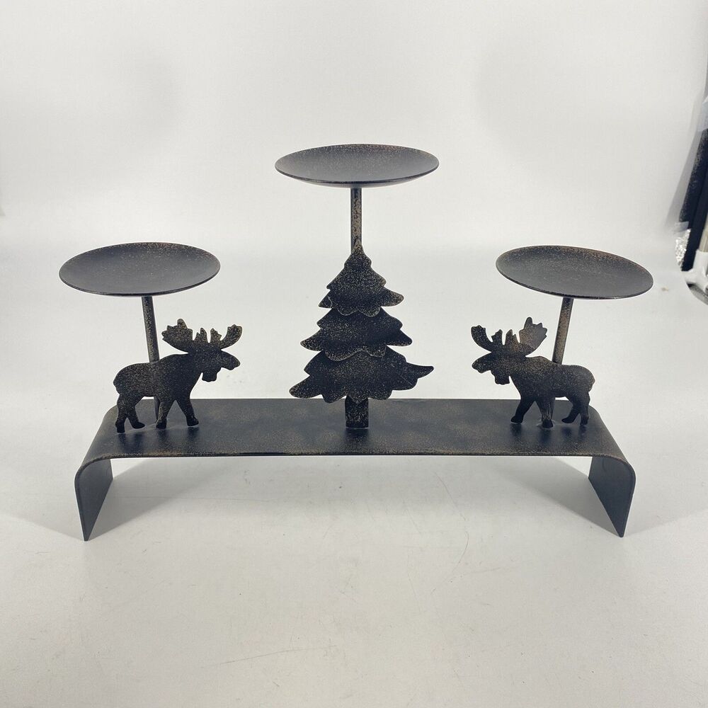 Metal Moose Christmas Tree 3 Candle Holder Rustic Holiday Centerpiece 13”
